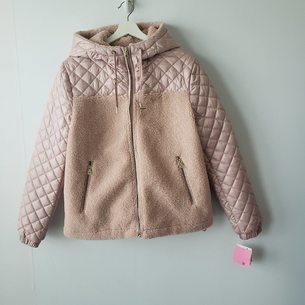 kate spade womens Quilted jacket size L Soft Rose Sherpa Hooded